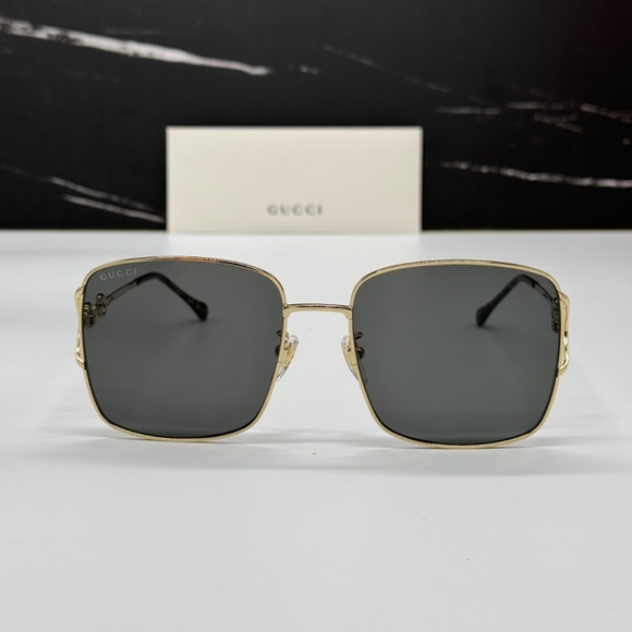 NEW GUCCI WOMEN SQUARE METAL AUTHENTIC GUCCI SUNGLASSES GOLD GRAY GUCCI EYEWEAR - Picture 4 of 12